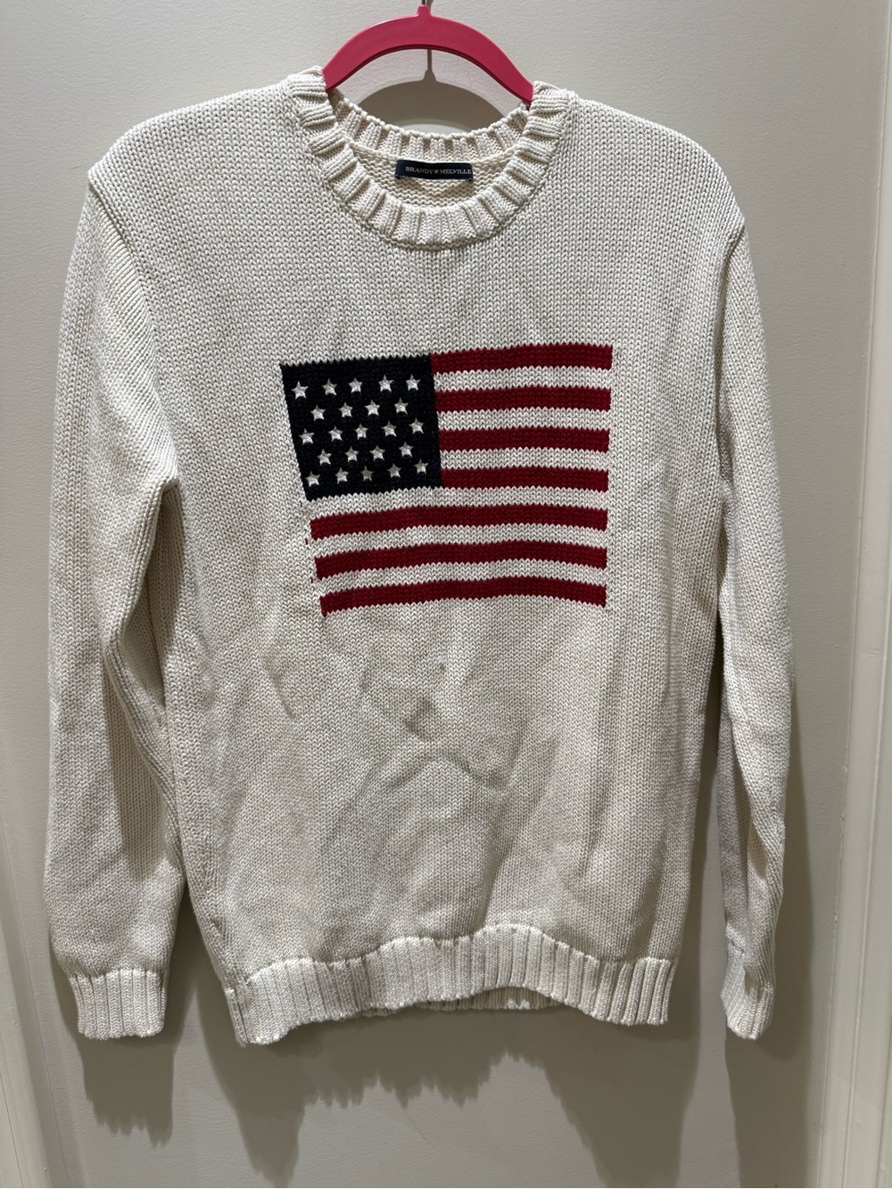 Brandy Melville Cream Knit Sweater with Flag Motif